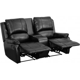 Flash Furniture BT-70295-2-BK-GG Black Leather Pillowtop 2-Seat Home Theater Recliner with Storage Console