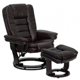 Flash Furniture Contemporary Brown Leather Recliner and Ottoman with Swiveling Mahogany Wood Base BT-7818-BN-GG