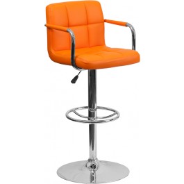 Flash Furniture Contemporary Orange Quilted Vinyl Adjustable Height Bar Stool with Arms and Chrome Base CH-102029-ORG-GG