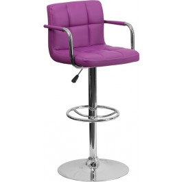 Flash Furniture Contemporary Purple Quilted Vinyl Adjustable Height Bar Stool with Arms and Chrome Base CH-102029-PUR-GG