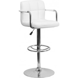 Flash Furniture Contemporary White Quilted Vinyl Adjustable Height Bar Stool with Arms and Chrome Base CH-102029-WH-GG