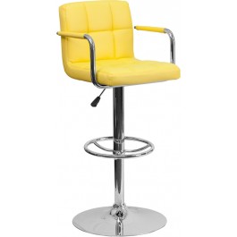 Flash Furniture Contemporary Yellow Quilted Vinyl Adjustable Height Bar Stool with Arms and Chrome Base CH-102029-YEL-GG