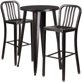 Flash Furniture CH-51080BH-2-30VRT-BQ-GG 24"Round Metal Bar Table Set with 2 Vertical Slat Back Barstools in Antique