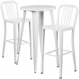 Flash Furniture CH-51080BH-2-30VRT-WH-GG 24" Round Metal Bar Table Set with 2 Vertical Slat Back Barstools in White