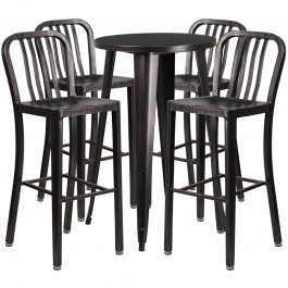 Flash Furniture CH-51080BH-4-30VRT-BQ-GG 24"Round Metal Bar Table Set with 4 Vertical Slat Back Barstools in Antique