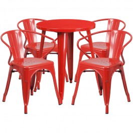Flash Furniture CH-51080TH-4-18ARM-RED-GG 24" Round Metal Table Set with Arm Chairs in Red