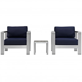 Modway EEI-2599-SLV-NAV Shore 3 Piece Outdoor Patio Aluminum Sectional Sofa Set In Silver Navy