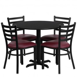 Flash Furniture 36'' Round Black Laminate Table Set with 4 Ladder Back Metal Chairs - Burgundy Vinyl Seat HDBF1005-GG