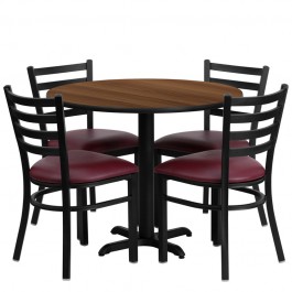 Flash Furniture 36'' Round Walnut Laminate Table Set with 4 Ladder Back Metal Chairs - Burgundy Vinyl Seat HDBF1008-GG