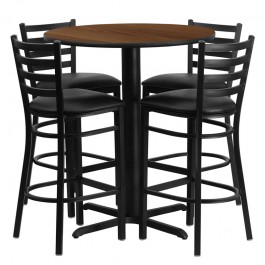 Flash Furniture 30'' Round Walnut Laminate Table Set with 4 Ladder Back Metal Bar Stools - Black Vinyl Seat HDBF1024-GG