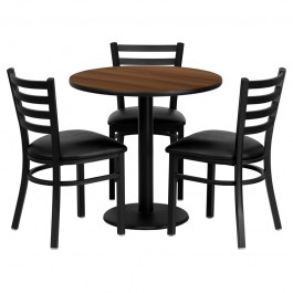 Flash Furniture 30'' Round Walnut Laminate Table Set with 3 Ladder Back Metal Chairs - Black Vinyl Seat MD-0002-GG