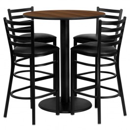 Flash Furniture 36'' Round Walnut Laminate Table Set with 4 Ladder Back Metal Bar Stools - Black Vinyl Seat MD-0011-GG