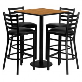 Flash Furniture 30'' Square Natural Laminate Table Set with 4 Ladder Back Metal Bar Stools - Black Vinyl Seat MD-0012-GG