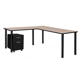 Regency MLSPM722442BEBPBK Kee 72" Single Pedestal L-Desk with 42" Return in Beige/Black
