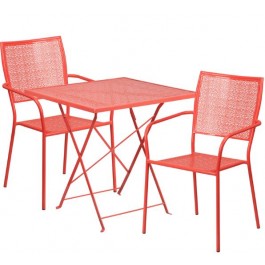 Flash Furniture CO-28SQF-02CHR2-RED-GG 28" Square Steel Folding Patio Table Set with 2 Square Back Chairs in Coral (Default)