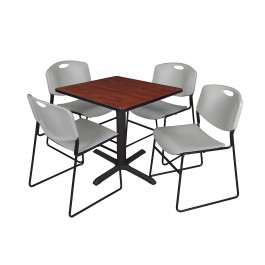 Regency TB3030CH44GY Cain 30" Square Breakroom Table in Cherry & 4 Zeng Stack Chairs in Grey