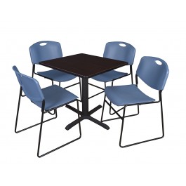 Regency TB3030MW44BE Cain 30" Square Breakroom Table in Mocha Walnut & 4 Zeng Stack Chairs in Blue
