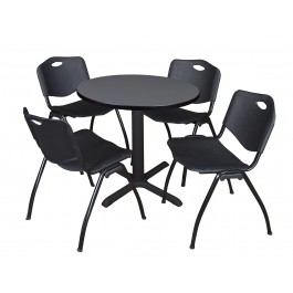 Regency TB30RNDGY47BK Cain 30" Round Breakroom Table in Grey & 4 'M' Stack Chairs in Black