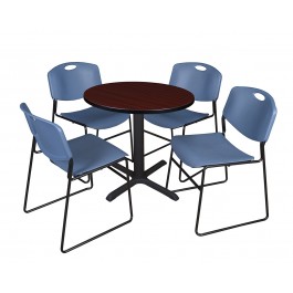 Regency TB30RNDMH44BE Cain 30" Round Breakroom Table in Mahogany & 4 Zeng Stack Chairs in Blue