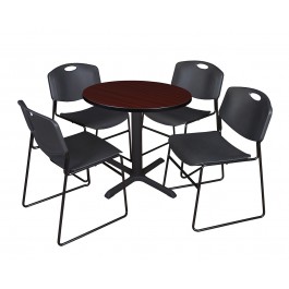Regency TB30RNDMH44BK Cain 30" Round Breakroom Table in Mahogany & 4 Zeng Stack Chairs in Black