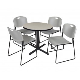 Regency TB30RNDPL44GY Cain 30" Round Breakroom Table in Maple & 4 Zeng Stack Chairs in Grey