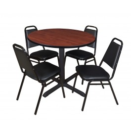 Regency TB36RNDCH29BK Cain 36" Round Breakroom Table in Cherry & 4 Restaurant Stack Chairs in Black