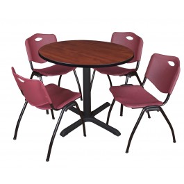 Regency TB36RNDCH47BY Cain 36" Round Breakroom Table in Cherry & 4 'M' Stack Chairs in Burgundy