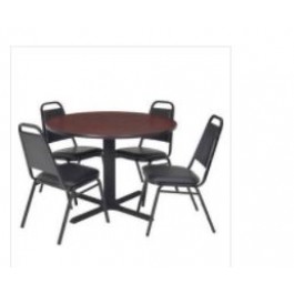 Regency TB36RNDMH29BK Cain 36" Round Breakroom Table in Mahogany & 4 Restaurant Stack Chairs in Black (Default)