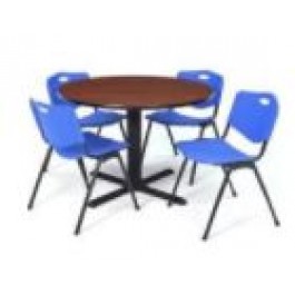 Regency TB4242CH47BE Cain 42" Square Breakroom Table in Cherry & 4 'M' Stack Chairs in Blue (Default)