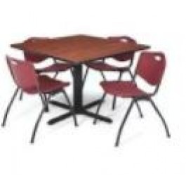 Regency TB4242CH47BY Cain 42" Square Breakroom Table in Cherry & 4 'M' Stack Chairs in Burgundy (Default)