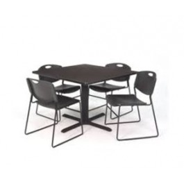 Regency TB4242MW44BK Cain 42" Square Breakroom Table in Mocha Walnut & 4 Zeng Stack Chairs in Black (Default)