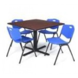Regency TB4242MH47BE Cain 42" Square Breakroom Table in Mahogany & 4 'M' Stack Chairs in Blue (Default)