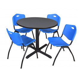 Regency TB42RNDGY47BE Cain 42" Round Breakroom Table in Grey & 4 'M' Stack Chairs in Blue
