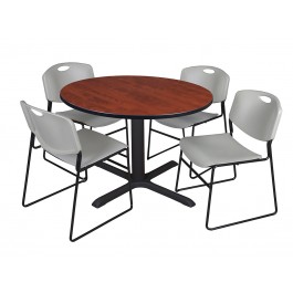 Regency TB48RNDCH44GY Cain 48" Round Breakroom Table in Cherry & 4 Zeng Stack Chairs in Grey