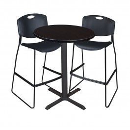 Regency TCB30RNDMW4495BK Cain 30" Round Cafe Table in Mocha Walnut & 2 Zeng Stack Stools in Black