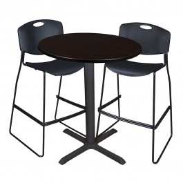 Regency TCB36RNDMW4495BK Cain 36" Round Cafe Table in Mocha Walnut & 2 Zeng Stack Stools in Black