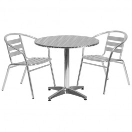 Flash Furniture TLH-ALUM-32RD-017BCHR2-GG 31.5" Round Aluminum Indoor-Outdoor Table with 2 Slat Back Chairs