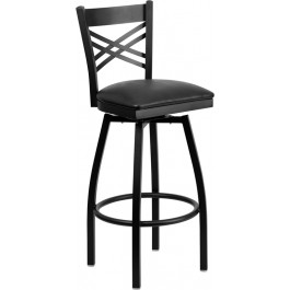 Flash Furniture HERCULES Series Black ''X'' Back Swivel Metal Bar Stool - Black Vinyl Seat XU-6F8B-XSWVL-BLKV-GG