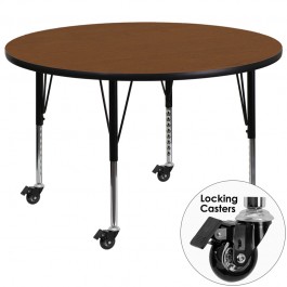 Flash Furniture XU-A42-RND-OAK-H-P-CAS-GG Mobile Round Activity Table with Height Adjustable Pre-School Legs