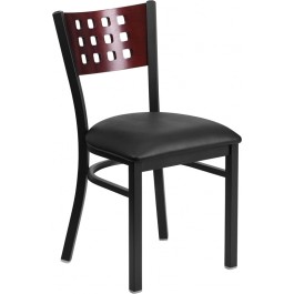 Flash Furniture XU-DG-60117-MAH-BLKV-GG HERCULES Series Black Decorative Cutout Back Metal Restaurant Chair - Mahogany Wood BackBlack Vinyl Seat