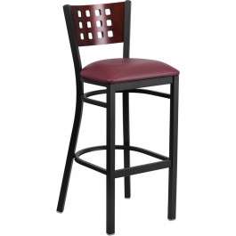 Flash Furniture XU-DG-60118-MAH-BAR-BURV-GG HERCULES Series Black Decorative Cutout Back Metal Restaurant Barstool Burgundy Vinyl Seat