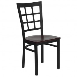 Flash Furniture Hercules Series Black Window Back Metal Restaurant Chair with Mahogany Wood Seat XU-DG6Q3BWIN-MAHW-GG
