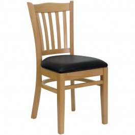 Flash Furniture Hercules Series Natural Wood Finished Vertical Slat Back Wooden Restaurant Chair with Black Vinyl Seat XU-DGW0008VRT-NAT-BLKV-GG