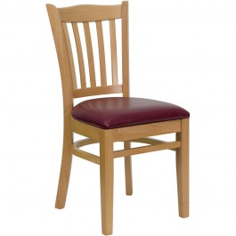 Flash Furniture Hercules Series Natural Wood Finished Vertical Slat Back Wooden Restaurant Chair with Burgundy Vinyl Seat XU-DGW0008VRT-NAT-BURV-GG