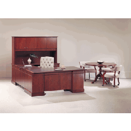 Jasper Charleston Traditional Veneer U Shaped Desk with Hutch and Round Conference Table