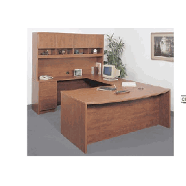 Office Furniture Desk, U Shape with Bow Top, Pedestals, Closed Hutch