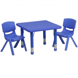 Flash Furniture 24'' Square Adjustable Blue Plastic Activity Table Set with 2 School Stack Chairs YU-YCX-0023-2-SQR-TBL-BLUE-R-GG