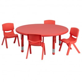 Flash Furniture 45'' Round Adjustable Red Plastic Activity Table Set with 4 School Stack Chairs YU-YCX-0053-2-ROUND-TBL-RED-E-GG