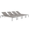 Modway EEI-2473-SLV-GRY-SET Shore Set of 4 Outdoor Patio Aluminum Chaise in Silver Gray