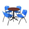 Regency TB30RNDCH47BE Cain 30" Round Breakroom Table in Cherry & 4 'M' Stack Chairs in Blue